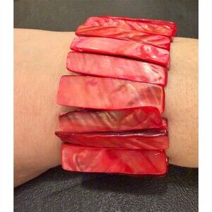 Pink Vintage Mother of Pearl Shell Stretch Bracelet Wide Statement Chunky